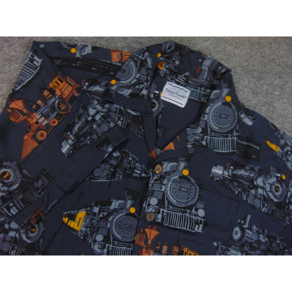 David Carey Shirt Mens‎ Med Black Gray Train Print Hawaiian Aloha Stem Engine